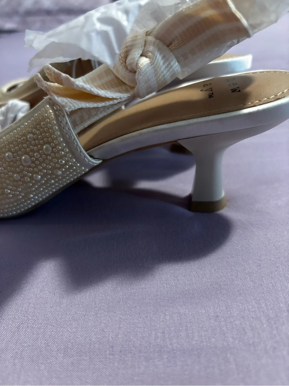 A New Day White Pearl-Embellished Pointed Slingback Kitten Heels